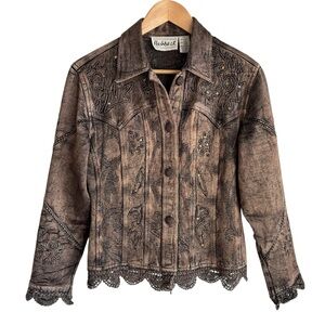 Vintage 90s Artsy Jacket Sz S Brown Floral Embroidered Button Front Lace Boho